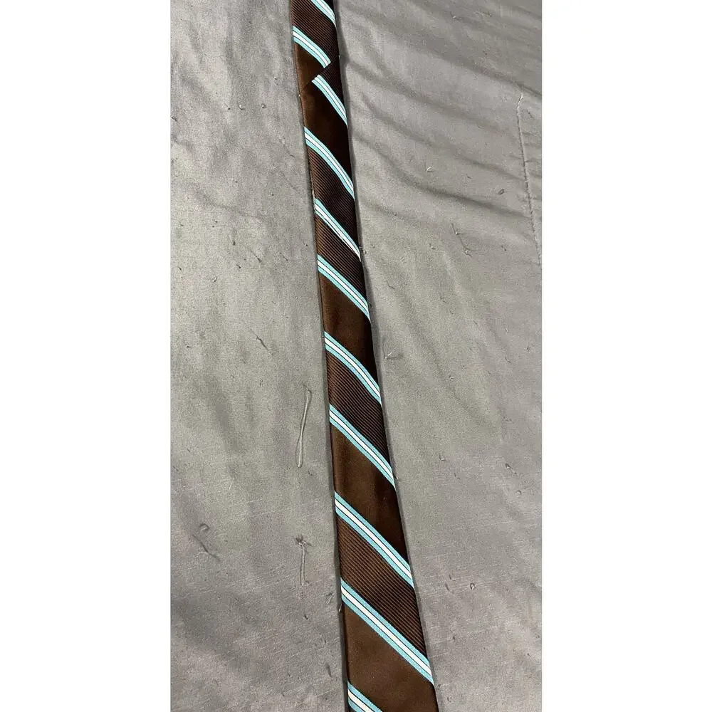 Vintage Christian Dior Tie Mens Brown Teal White Striped Polyester Regular Width